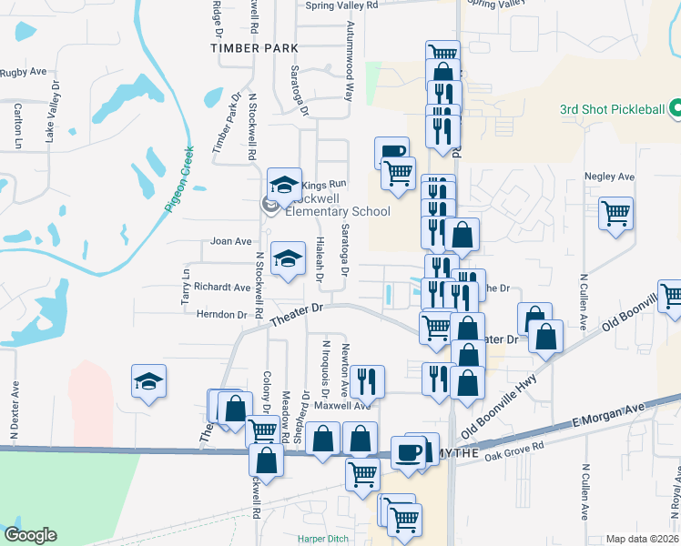 map of restaurants, bars, coffee shops, grocery stores, and more near 2306 Saratoga Drive in Evansville