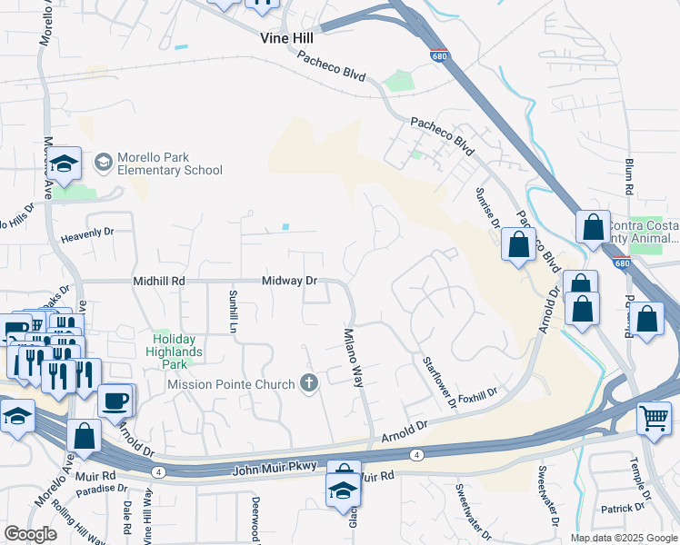 map of restaurants, bars, coffee shops, grocery stores, and more near 2403 Saybrook Place in Martinez