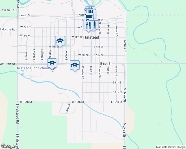 map of restaurants, bars, coffee shops, grocery stores, and more near 702 Main Street in Halstead