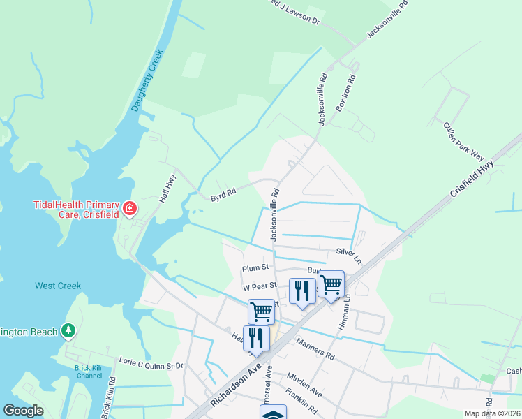 map of restaurants, bars, coffee shops, grocery stores, and more near 4198 Jacksonville Road in Crisfield