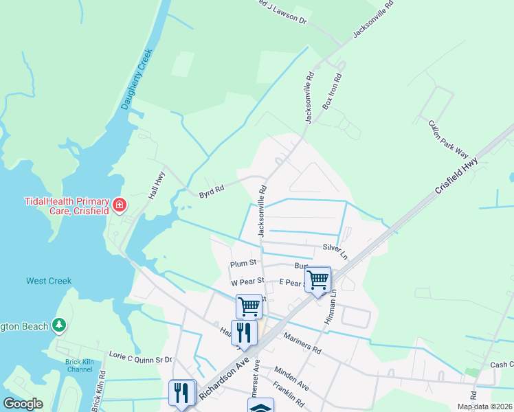 map of restaurants, bars, coffee shops, grocery stores, and more near 4198 Jacksonville Road in Crisfield