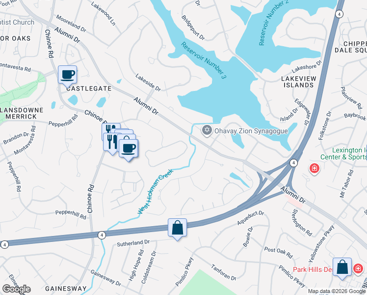 map of restaurants, bars, coffee shops, grocery stores, and more near 3632 Barrow Wood Ln in Lexington
