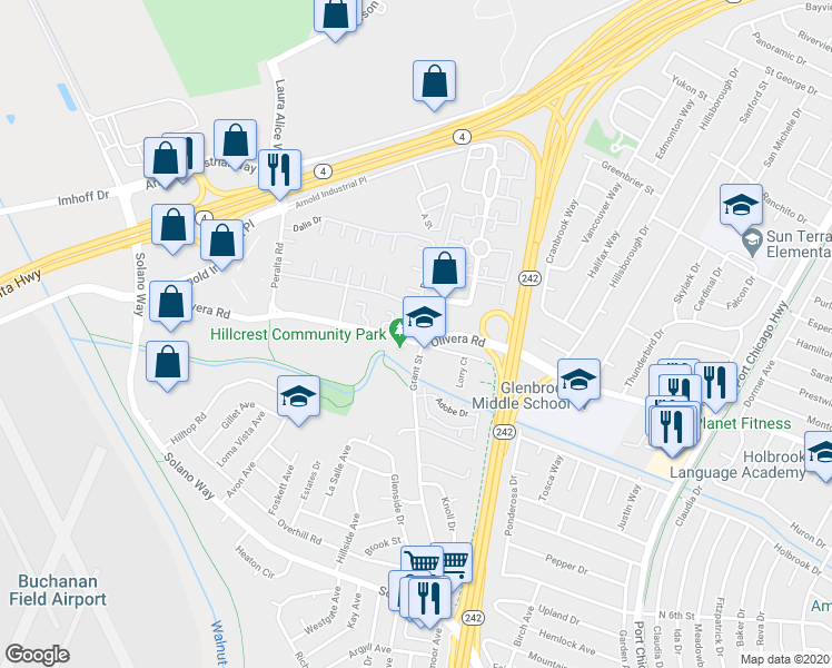 map of restaurants, bars, coffee shops, grocery stores, and more near 2091 Olivera Road in Concord