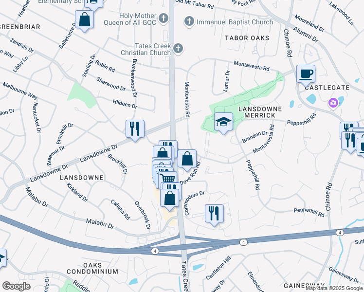 map of restaurants, bars, coffee shops, grocery stores, and more near 3300 Tates Creek Road in Lexington