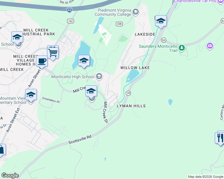 map of restaurants, bars, coffee shops, grocery stores, and more near 365 Stone Creek Point in Charlottesville