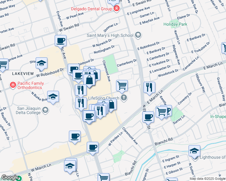map of restaurants, bars, coffee shops, grocery stores, and more near 149 W Yokuts Ave in Stockton