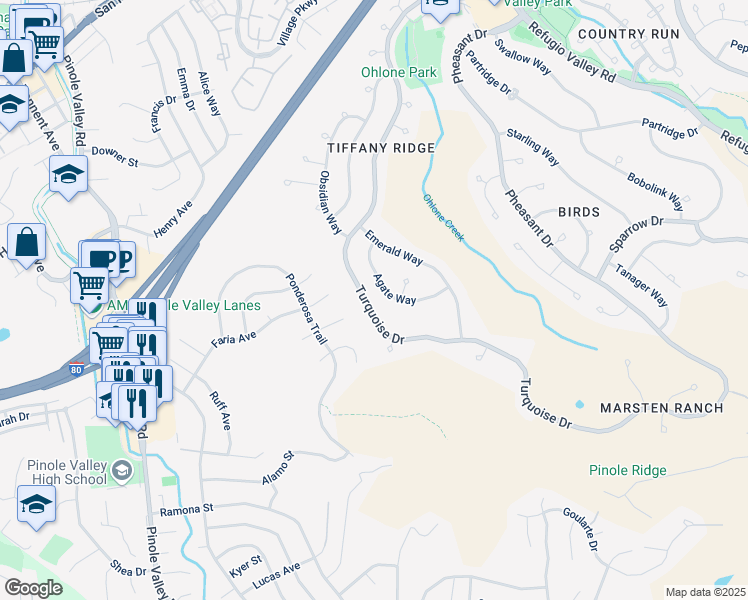 map of restaurants, bars, coffee shops, grocery stores, and more near 599 Turquoise Drive in Hercules