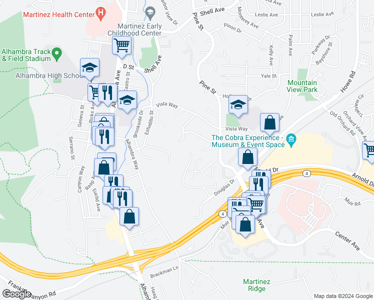 map of restaurants, bars, coffee shops, grocery stores, and more near 3410 Vista Oaks Drive in Martinez
