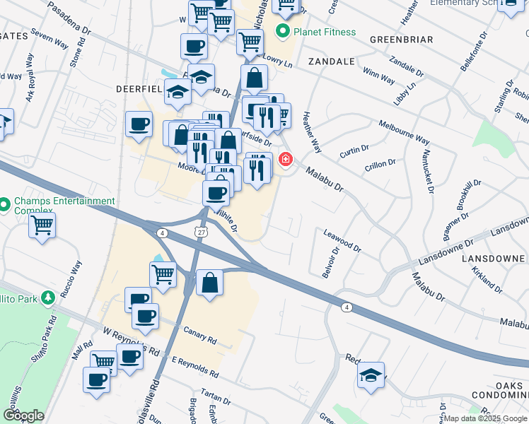 map of restaurants, bars, coffee shops, grocery stores, and more near 2611 Wilhite Dr in Lexington