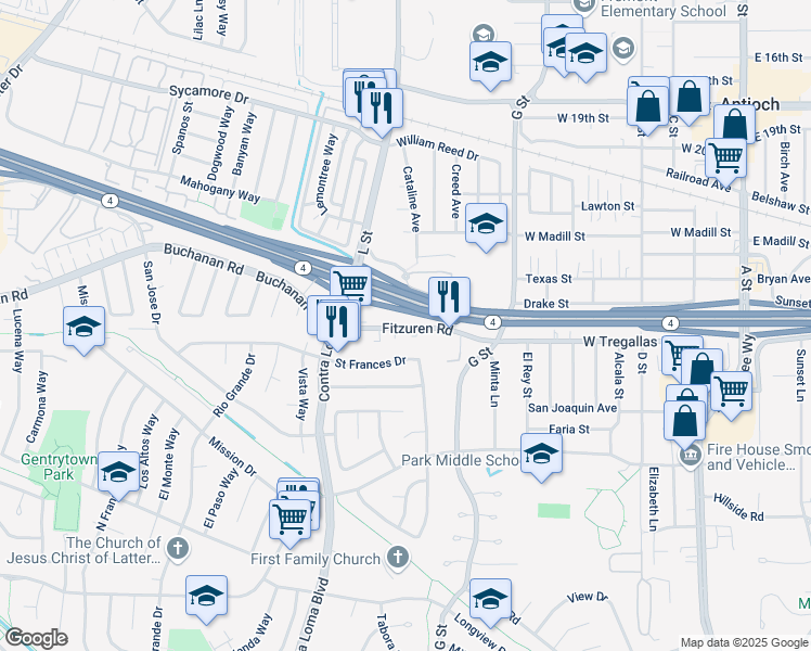 map of restaurants, bars, coffee shops, grocery stores, and more near 906 Fitzuren Road in Antioch