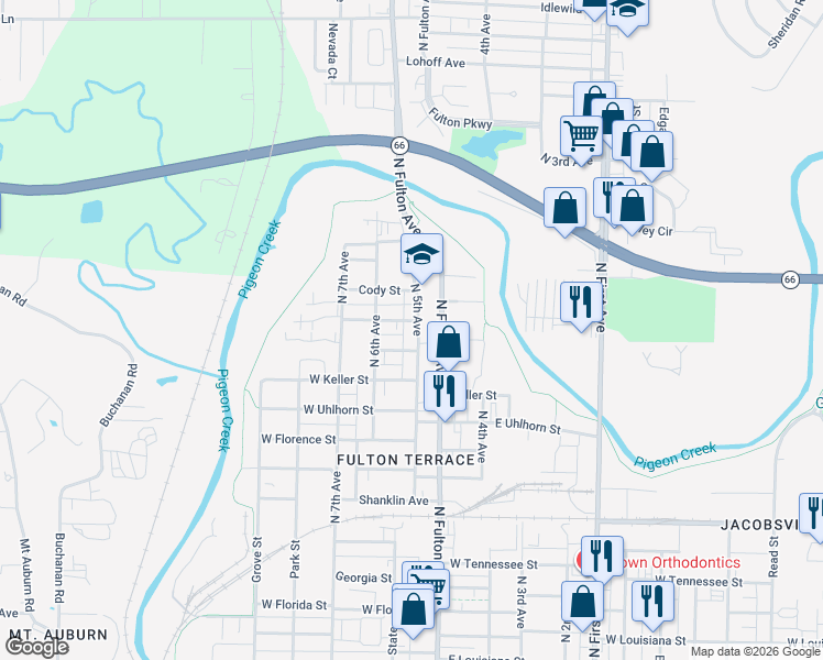 map of restaurants, bars, coffee shops, grocery stores, and more near 2114 North 5th Avenue in Evansville