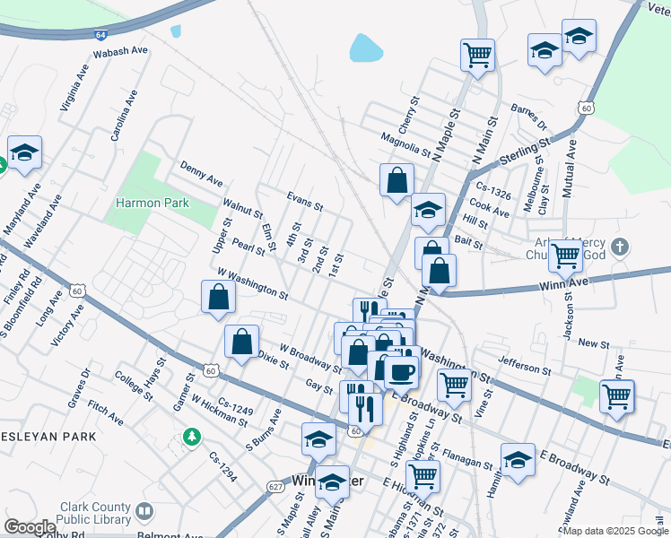 map of restaurants, bars, coffee shops, grocery stores, and more near 1st Street in Winchester