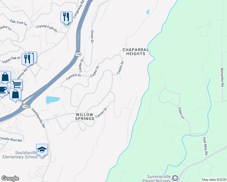 map of restaurants, bars, coffee shops, grocery stores, and more near 20675 Charlotte Ct in Soulsbyville