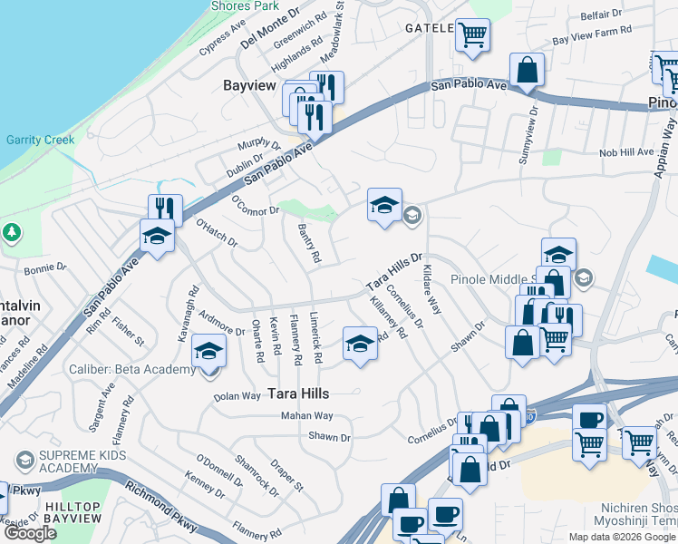 map of restaurants, bars, coffee shops, grocery stores, and more near 493 Hanley Drive in Pinole