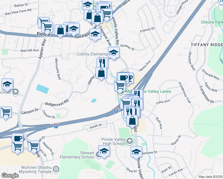 map of restaurants, bars, coffee shops, grocery stores, and more near 1423 Oak Hollow Court in Pinole