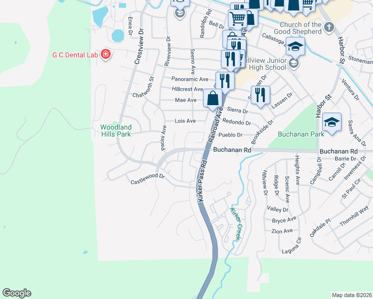 map of restaurants, bars, coffee shops, grocery stores, and more near 1 Encina Place in Pittsburg