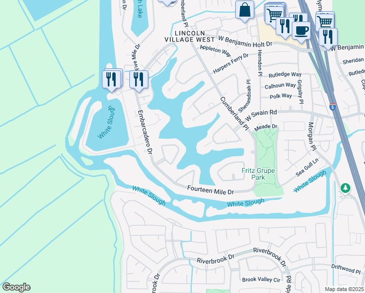 map of restaurants, bars, coffee shops, grocery stores, and more near 6278 Chesapeake Circle in Stockton