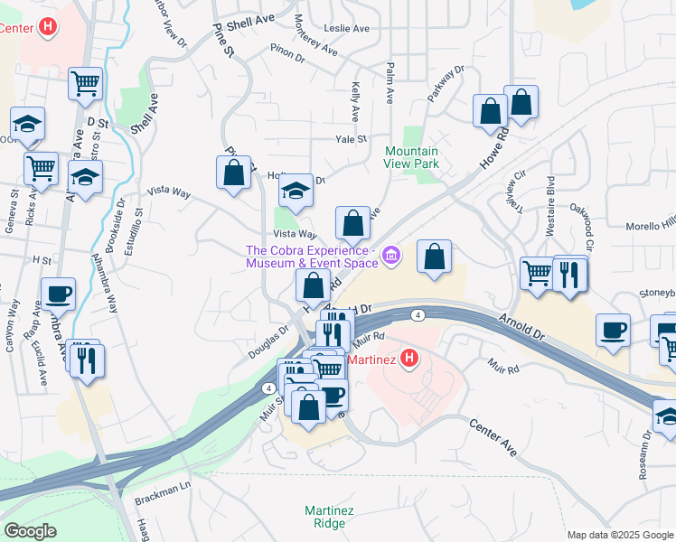 map of restaurants, bars, coffee shops, grocery stores, and more near 223 Via Pinada Lane in Martinez