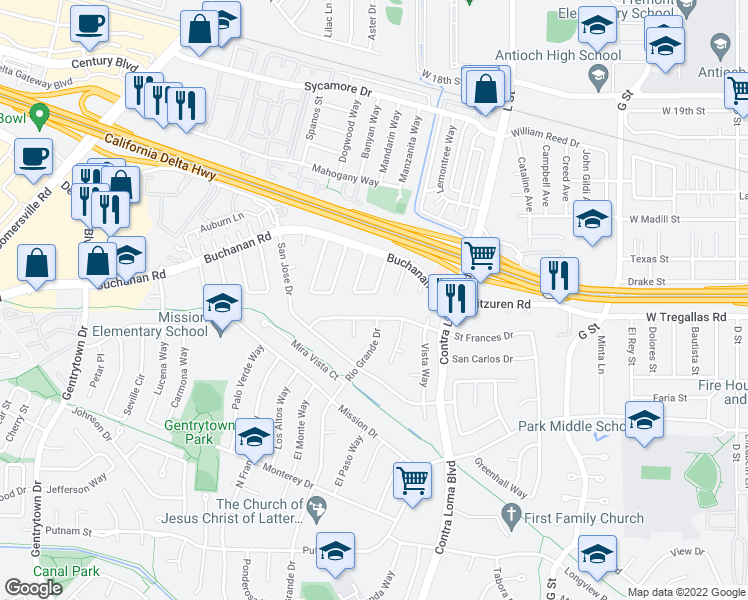 map of restaurants, bars, coffee shops, grocery stores, and more near 2733 Del Oro Circle in Antioch