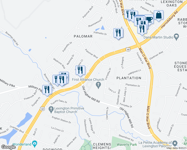 map of restaurants, bars, coffee shops, grocery stores, and more near 4159 Reserve Road in Lexington