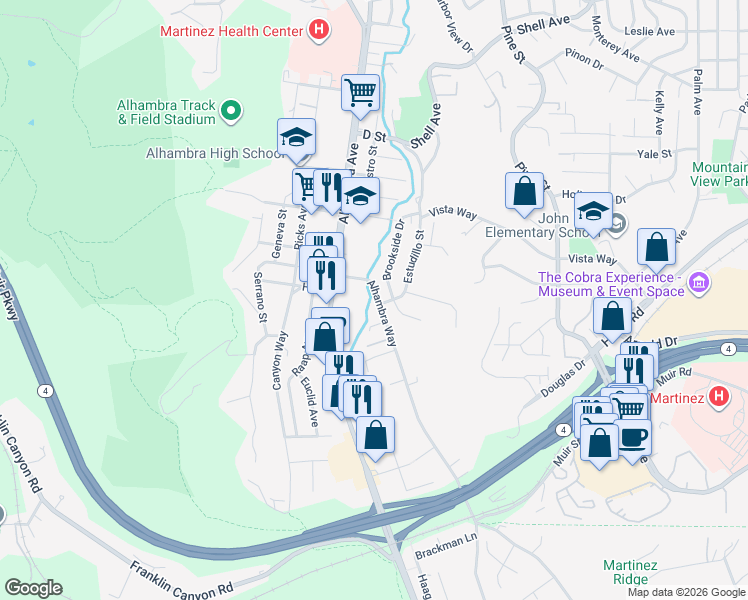 map of restaurants, bars, coffee shops, grocery stores, and more near 3600 Estudillo Street in Martinez