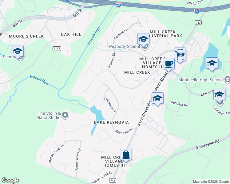 map of restaurants, bars, coffee shops, grocery stores, and more near 1421 Reynovia Drive in Charlottesville