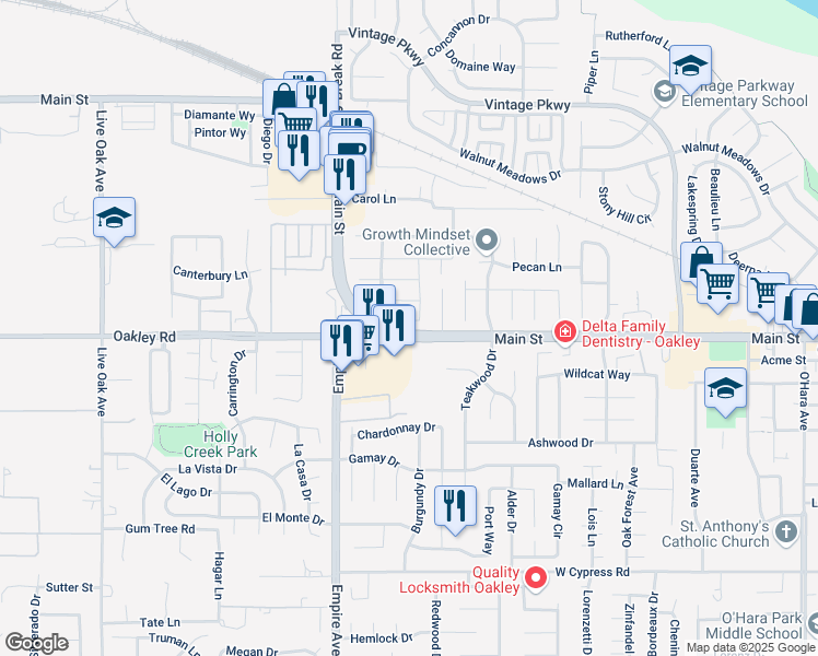 map of restaurants, bars, coffee shops, grocery stores, and more near 5010 Martin Street in Oakley