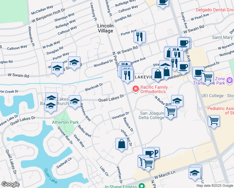map of restaurants, bars, coffee shops, grocery stores, and more near 5605 North Pershing Avenue in Stockton