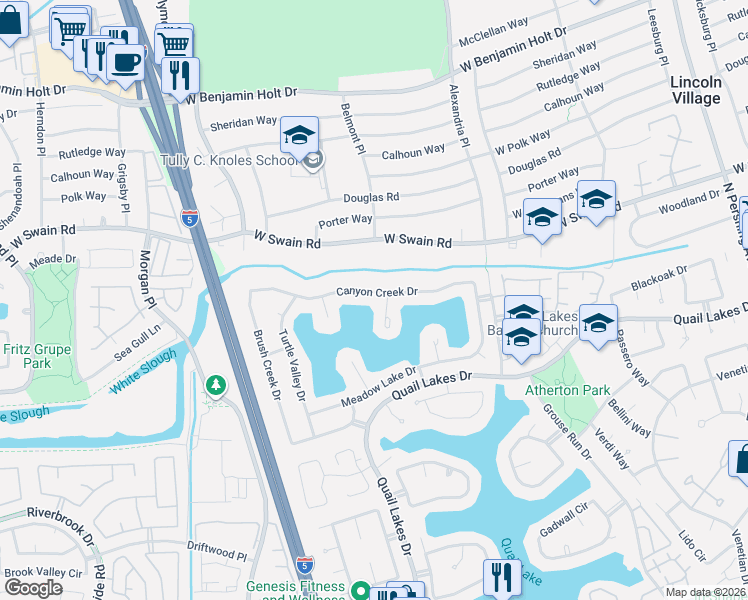 map of restaurants, bars, coffee shops, grocery stores, and more near 2422 Canyon Creek Drive in Stockton