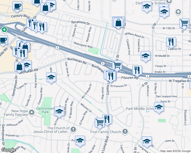 map of restaurants, bars, coffee shops, grocery stores, and more near 2712 Balboa Court in Antioch