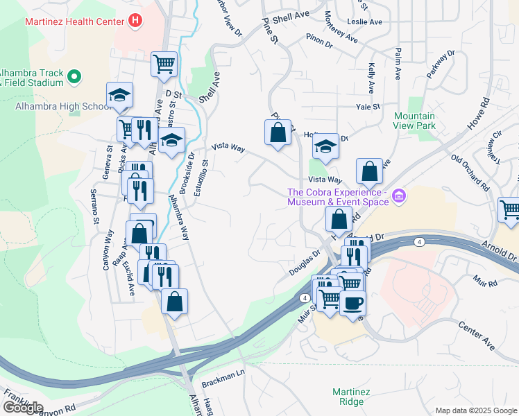 map of restaurants, bars, coffee shops, grocery stores, and more near 3410 Vista Oaks Drive in Martinez