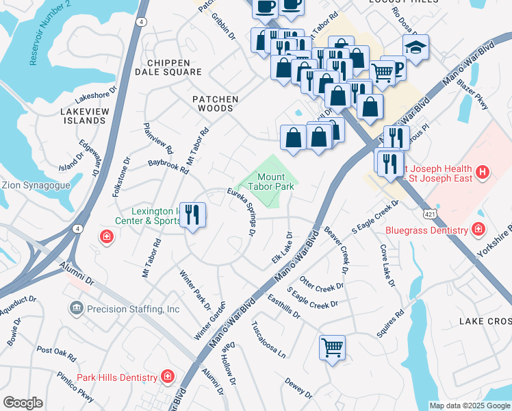 map of restaurants, bars, coffee shops, grocery stores, and more near 725 Eureka Springs Drive in Lexington