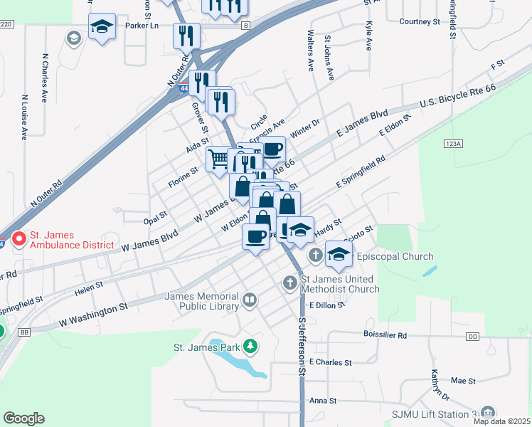map of restaurants, bars, coffee shops, grocery stores, and more near 125 North Jefferson Street in Saint James