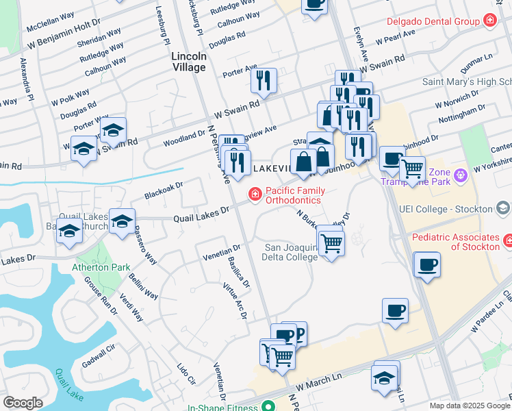 map of restaurants, bars, coffee shops, grocery stores, and more near 1350 West Robinhood Drive in Stockton