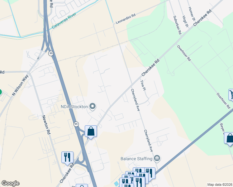 map of restaurants, bars, coffee shops, grocery stores, and more near 4523 Cherokee Road in Stockton