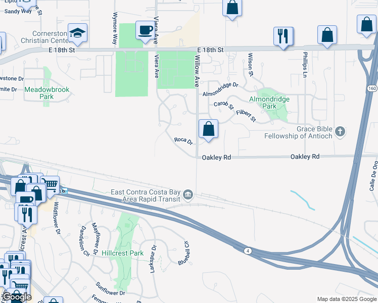 map of restaurants, bars, coffee shops, grocery stores, and more near 2505 Oakley Road in Antioch