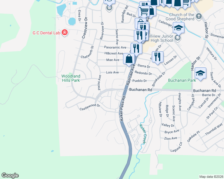 map of restaurants, bars, coffee shops, grocery stores, and more near Buchanan Road & Gold Crest Court in Pittsburg