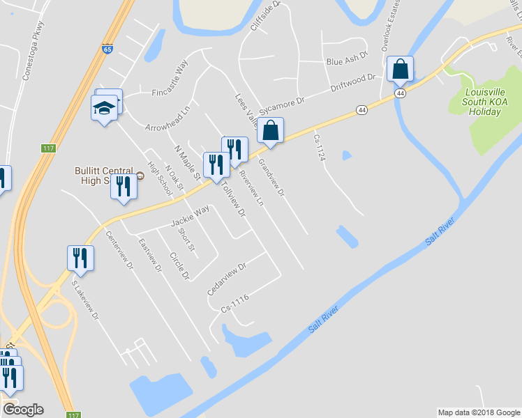 map of restaurants, bars, coffee shops, grocery stores, and more near 265 Riverview Lane in Shepherdsville