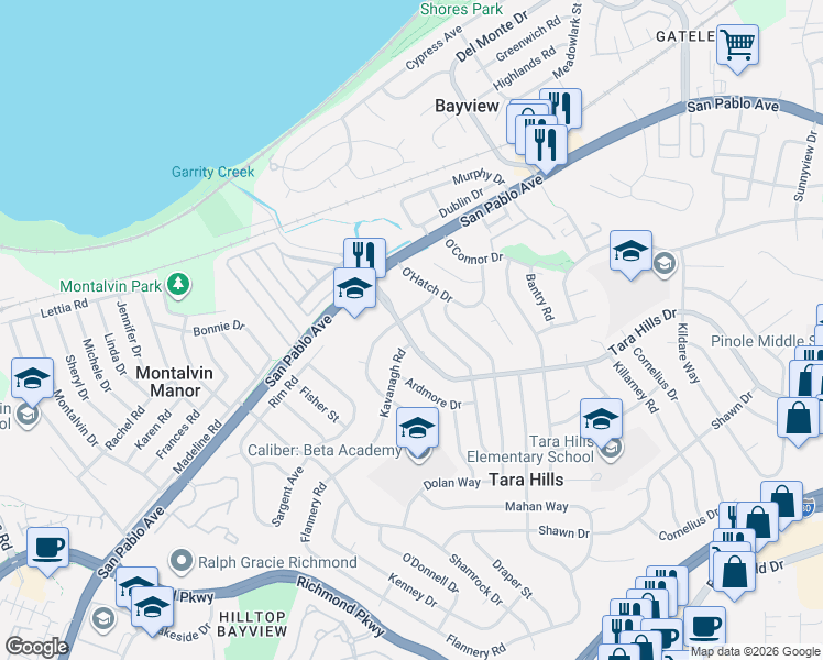 map of restaurants, bars, coffee shops, grocery stores, and more near 2535 Oharte Road in San Pablo
