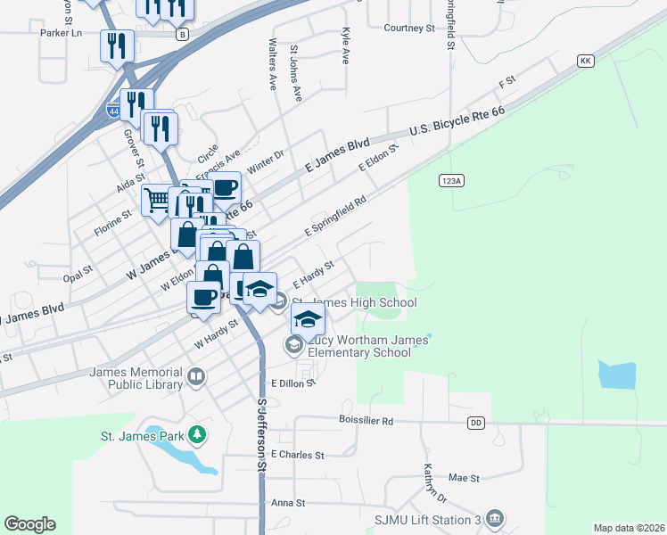 map of restaurants, bars, coffee shops, grocery stores, and more near 330 East Hardy Street in Saint James