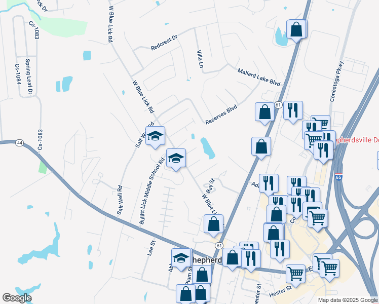 map of restaurants, bars, coffee shops, grocery stores, and more near Sand Dollar Court in Shepherdsville