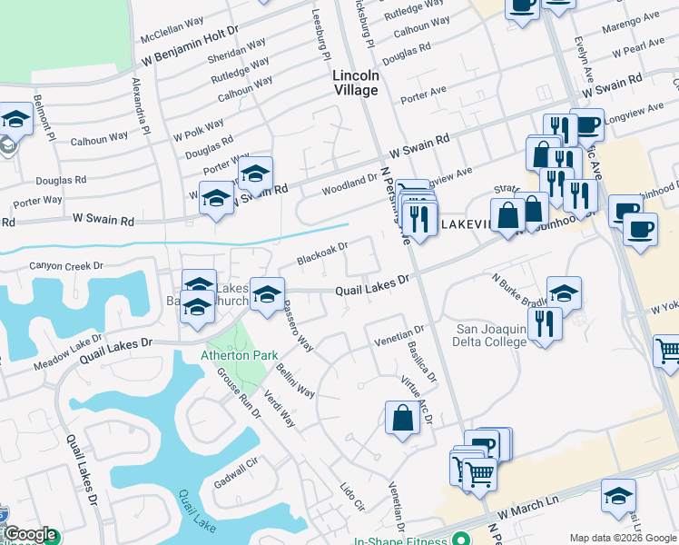 map of restaurants, bars, coffee shops, grocery stores, and more near 1754 Silver Creek Circle in Stockton