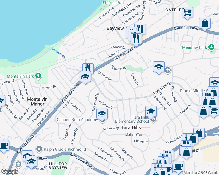 map of restaurants, bars, coffee shops, grocery stores, and more near 2595 Kevin Road in San Pablo