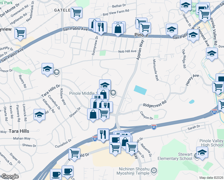 map of restaurants, bars, coffee shops, grocery stores, and more near 1566 Mann Drive in Pinole