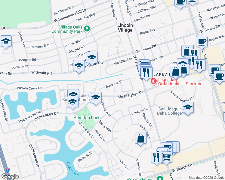 map of restaurants, bars, coffee shops, grocery stores, and more near 5617 Cascade Court in Stockton