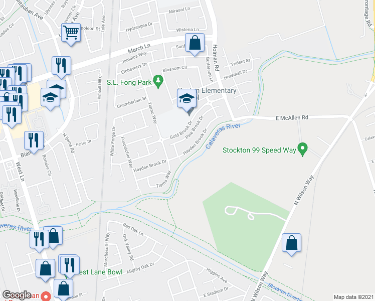 map of restaurants, bars, coffee shops, grocery stores, and more near 2526 Hayden Brook Drive in Stockton