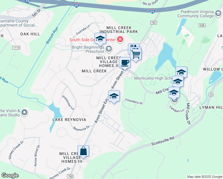 map of restaurants, bars, coffee shops, grocery stores, and more near 1757 Co Road 742 in Charlottesville