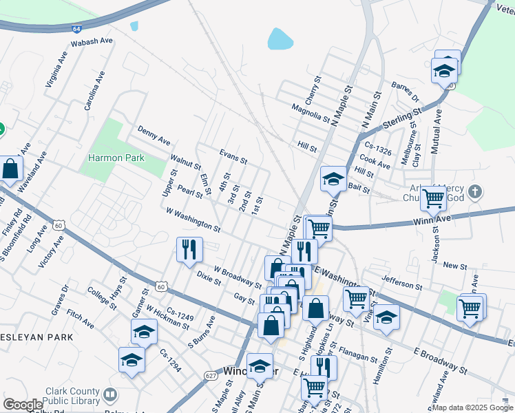 map of restaurants, bars, coffee shops, grocery stores, and more near 1st Street in Winchester