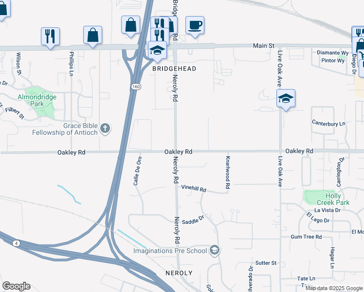 map of restaurants, bars, coffee shops, grocery stores, and more near 5010 Neroly Road in Oakley