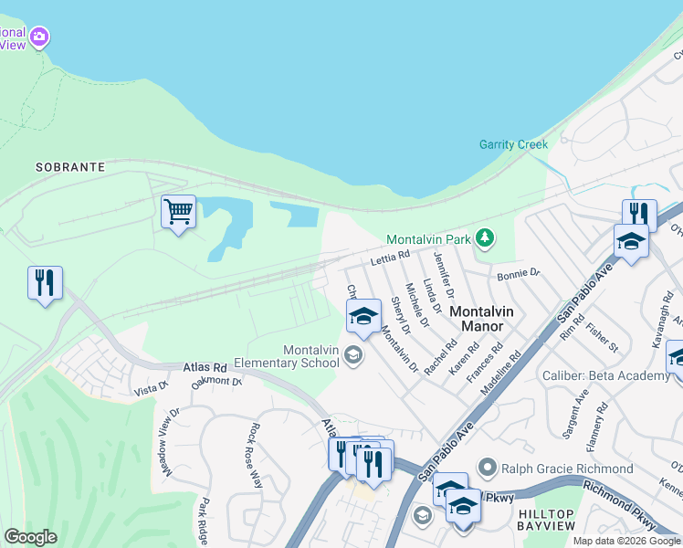 map of restaurants, bars, coffee shops, grocery stores, and more near 492 Christine Drive in San Pablo